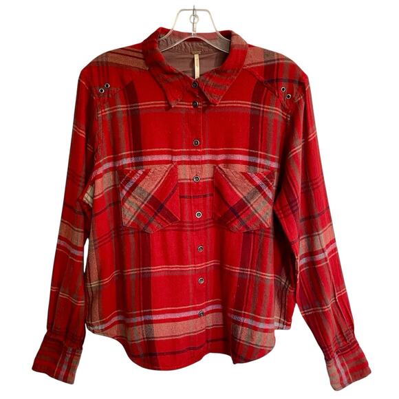 Free People Top Women Size XS Red Wesley Plaid Button Up Boho Western Hippie - Picture 2 of 8